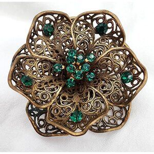 Vintage Brass Filigree Flower Brooch With Emerald Green Rhinestones Gothic